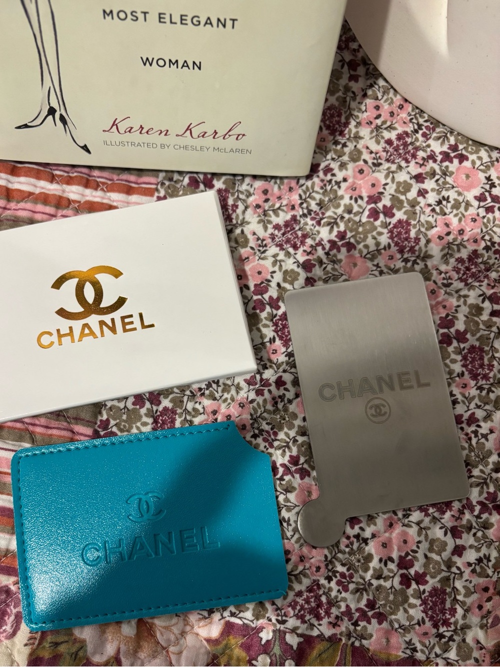 CHANEL Turquoise Faux Leather Card pocket mirror Holder with Embossed Logo 💫